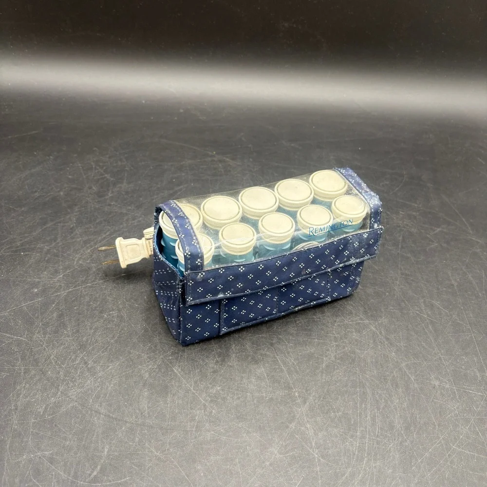 Remington Travel Hair Roller Set 10 Piece Blue Polka Dot Heated Case Clips